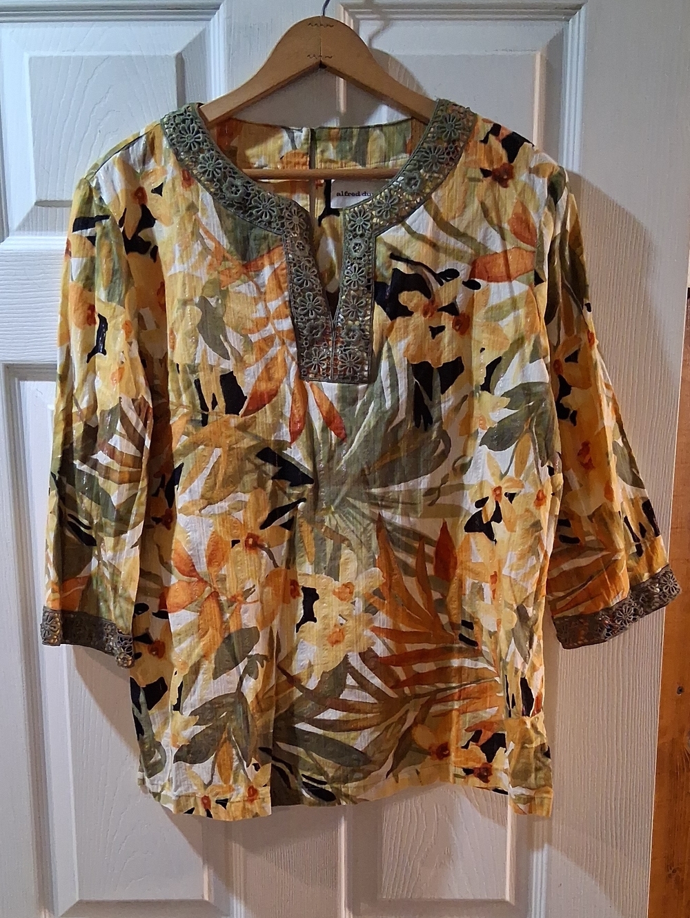 Alfred Dunner Yellow Floral Embroidered Trim Tunic